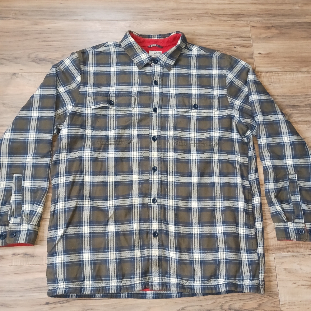 LL Bean Shirt / Coat - Size L Regular - Green Plaid Flannel - Fleece Lined -